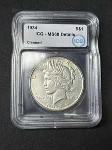 1934 Peace Dollar $1 ICG MS60 Details Cleaned - Picture 1 of 2