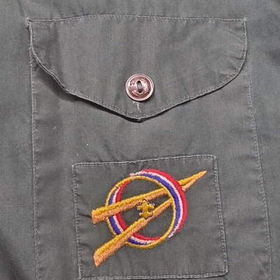 VTG BSA Explorer Shirt Green Indianhead Council Drum & Bugle Patches Men's Sz L - Image 1 of 4