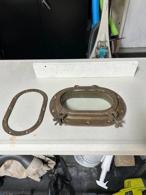 antique brass ship portholes 5 x 9 glass 9 x 13 overall original condition - Image 1 of 4