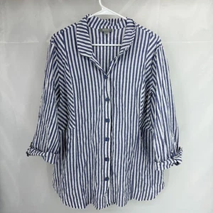 Habitat Women XL Button Up Shirt Roll Tab Sleeve Nautical Blue Striped Blouse - Picture 1 of 9