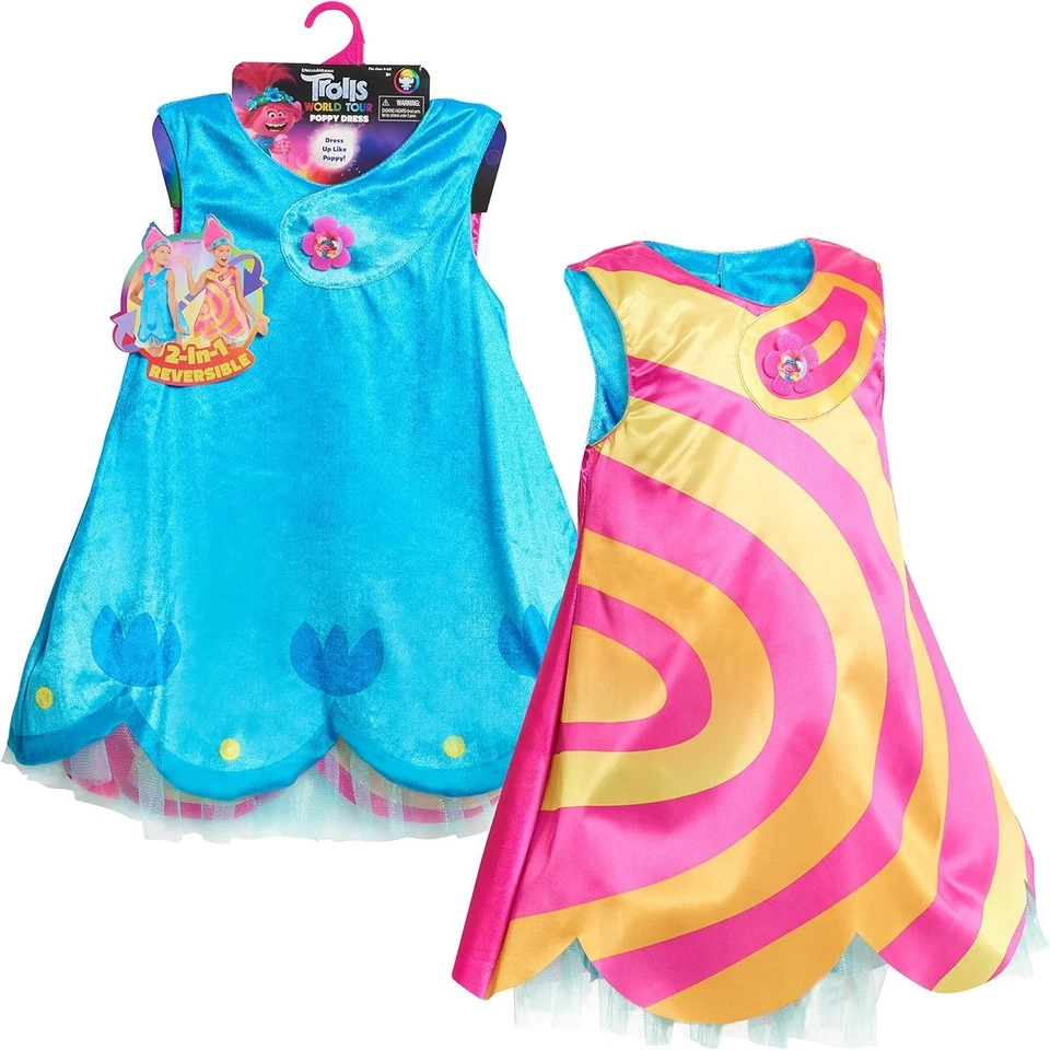 DreamWorks Trolls World Tour Poppy 2 in 1 Reversible Dress Size 4-6x Ages 3