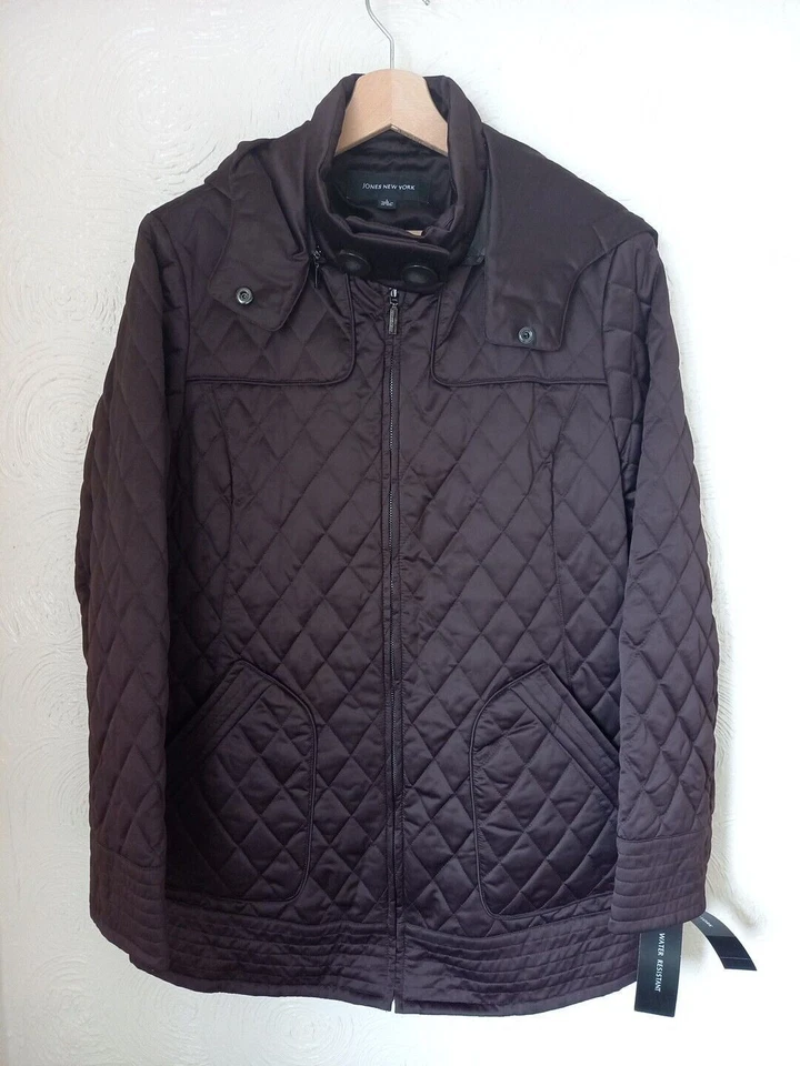 Jones New York Women's Brown Quilted Zip Front Jacket L Large Hooded - Image 1 of 4