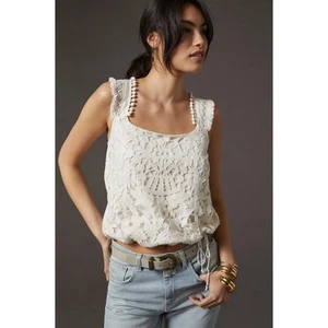 Anthropologie Tiny Macie Crochet Lace PomPom Tank Top Ivory SzMed Boho Feminine - Picture 1 of 15