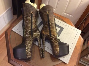 London Trash Black Gold Crucify Mid Calf Stiletto Hidden Platform Boots Size 7 - Picture 1 of 24