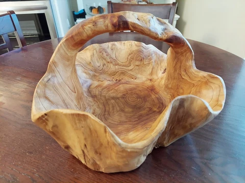 Vintage Large Hand Carved BURL WOOD TREE Basket Handle Marked CON  16 x 14 x10 Cover