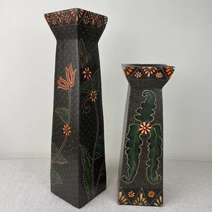 Vintage Pier Imports Wood Pillar Candle Holders Hand Painted Floral Butterflies - Picture 1 of 9