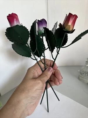 3 Metal Rose Bud FLOWERS 1 purple 1 red 1 Pink 10" scalloped leaves  posable - Image 1 of 4