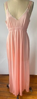 VTG 70'S PEACHY PINK NYLON OFF WHITE LACE TRIM NIGHTGOWN GOWN NEGLIGEE*L - Image 1 of 4