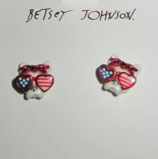 Betsey Johnson July 4th Patriotic Frenchie Wearing Sunglasses & Red Bow Earrings