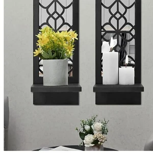 Rustic Candle Sconce Wall Decor Set of 2 with Mirror for Charming Home Style - Picture 1 of 9