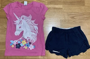 Girl's Gymboree & Crewcuts Outfit Size 7 - Pink Unicorn Top w/Navy Shorts EUC - Picture 1 of 8