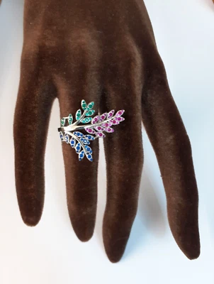anello argento 925 rodiato anallergico zirconi blu rosa verde misura 12 foglia - Immagine 1 di 2