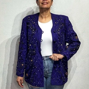 Vango Paris Blue Beaded Vintage Jacket Sz 16 - Picture 1 of 12