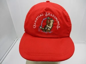 Vintage Celestial Seasonings Bear Hat Cap Strap Back Red Cowboy Western USA Mens - Picture 1 of 9