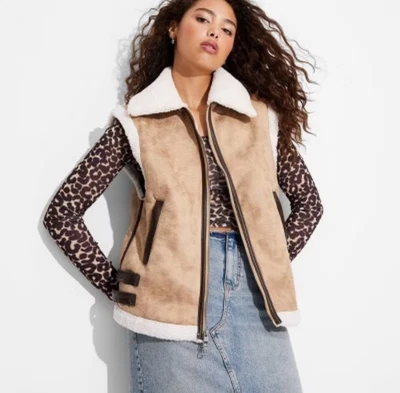 Wild Fable Women's Faux Shearling Vest Sleeveless Jacket Brown XXS - Image 1 of 4