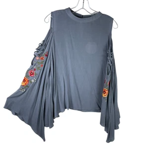 Umgee Embroidered Blouse Shirt Gray Peep Shoulder Strappy Bell Sleeve Top Sz Lg - Picture 1 of 10