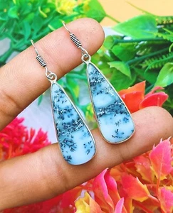 Natural Dendrite Opal Gemstone 925 Sterling Silver Plated Handmade Hook Earring - Picture 1 of 1