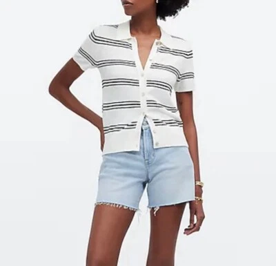 MADEWELL Sweater Women Small Polo Knit Tee NEW Ivory Stripe Short Sleeve NQ341 - Image 1 of 4