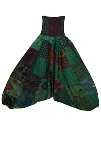 Boho Green Patchwork Cotton Harem Pant High Waist Hippy Gypsy Loose Pants S/M