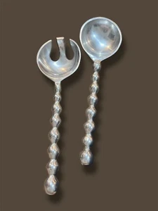 Sterling Silver Pewter Salad Servers Silverware Bead Round Handles 11” - Picture 1 of 12
