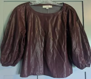 NWT Ann Taylor Faux Leather Burgundy Women's Blouse - XXSP Puff Sleeves Adorable - Picture 1 of 10