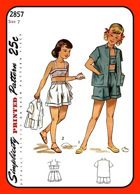 Girls BRA Top SHORTS Pattern Jacket Beach Wear Simplicity 2857 Vtg 1949 - Image 1 of 4
