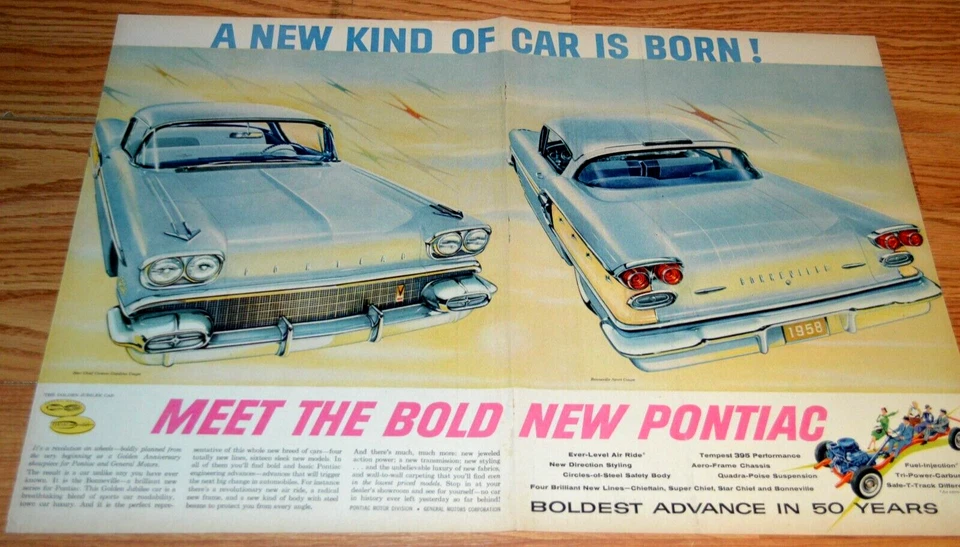 Pontiac Bonneville 1958 original desplegable gran anuncio vintage 58 Foto 1 de 1