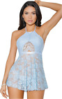 Babydoll Women's One Size Blue Lace Wedding Lingerie Dress w Thong Panty Set
