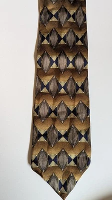 MICHAEL WONG Napa CA Geometric Made In USA Imported Silk Tie Brown 58 in. long - Image 1 of 4