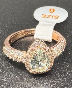 NEW Bomb Party Sz 6 Green Moissanite Cubic Zirconia Pear Shape Rose Gold Ring - Picture 1 of 6