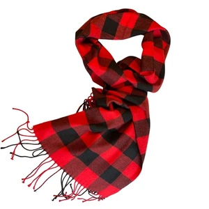 Bufanda de diseño italiano con flecos búfalo cuadros rojo y negro cuadros acrílico efectivo - Imagen 1 de 7
