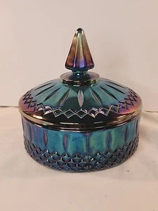 Vtg Indiana Blue Carnival Glass Princess Lid Candy Dish Iridescent Diamond MCM - Picture 1 of 14