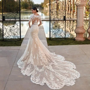 Elegant Mermaid Wedding Dress Classic O-neck Lace Appliques Long Sleeves - Picture 1 of 6