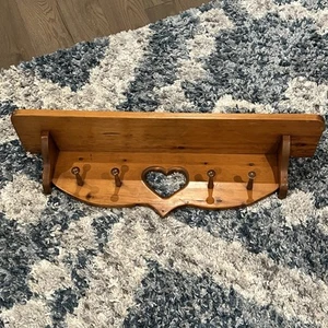Vintage Wooden Heart Coat Rack Shelf Pegs - Picture 1 of 13