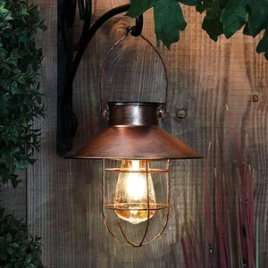 Solar Lantern Outdoor Hanging Light Metal Farmhouse Warm White Edison Bulb - Picture 1 of 8