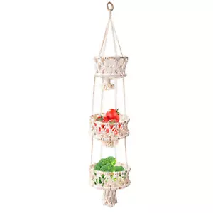 1-3Tier Hanging Fruit Basket Hammock Boho Macrame Vegetable Wall Storage Decor - Picture 1 of 14