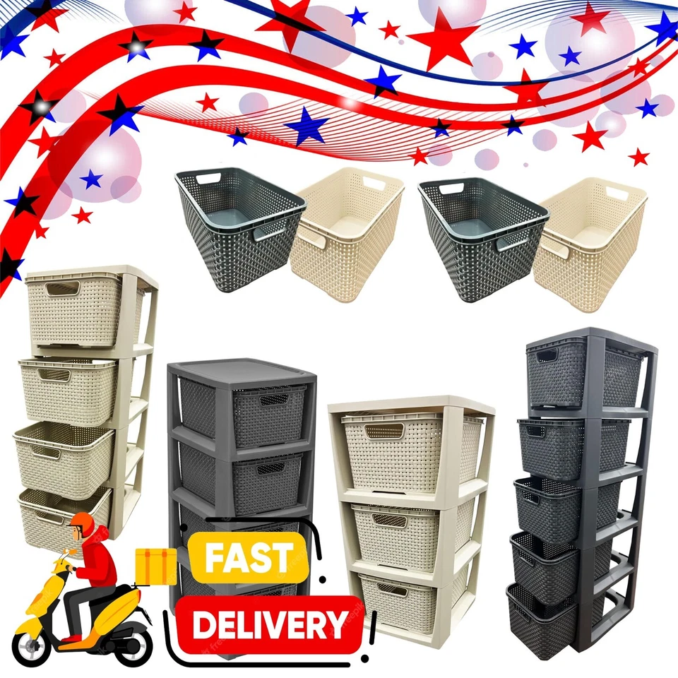 Grey/Cream Rattan Effect 3, 4 or 5 Drawers Modular Storage Tower Unit For Home - Image 1 of 1