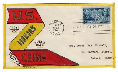 #906 Chinese Resistance 1942 WWII FDC - Lewis Haskell Hand-Painted - Image 1 of 2