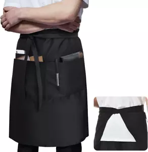 Long Server Apron Black with 3 Pockets Bistro Half Aprons for Men Women Waiter W - Picture 1 of 12
