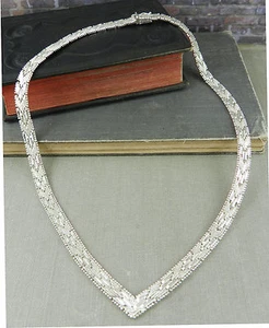 Italian 925 Sterling Silver Textured Basketweave Chevron V Necklace 17" - Picture 1 of 5