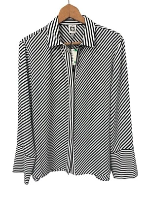 全新带标签 Anne Klein 女式黑色条纹领纽扣上衣 L 码商务款 — 第 1/4 张图片