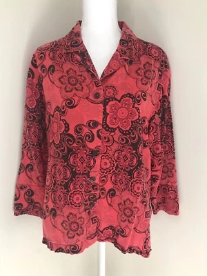 Tianello Blouse Red Black Floral Tencel Rayon USA Made Size S (oversized ) - Image 1 of 4