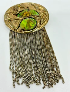 Vintage Abalone Brass Waterfall Brooch Art Deco Modernist Brutalist BROKEN CLASP - Picture 1 of 9