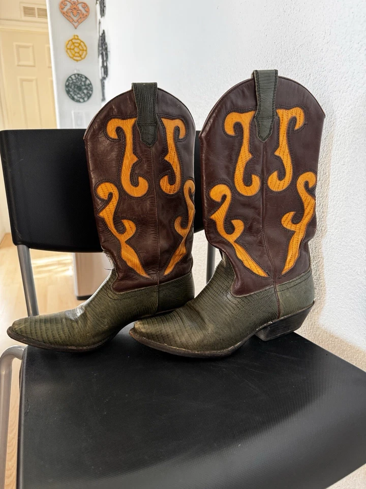 Vintage Nine West Romnee Leather Cowboy Western Boots Green Brown Yellow 7M - Image 1 of 4