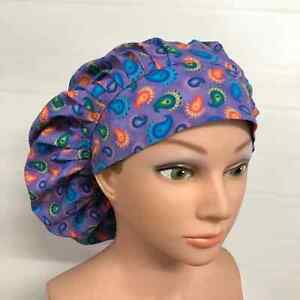 Scrub Hat, Pleated, Paisley Peacock Feathers, Purple, 100% Cotton, One Size