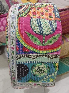 Indian Handmade Kantha Quilt Patchwork Bedspread Block Print King Size Blanket - Picture 1 of 12