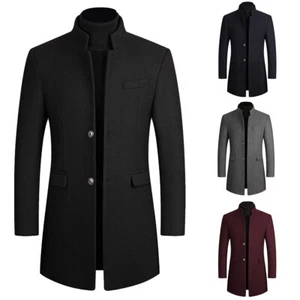 Men's Single Breasted Trench Coat Button Down Overcoat Warm Dress Pea Coats - Picture 1 of 10