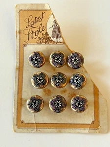 9 Vintage Handpainted Glass Buttons Czech Original Card 7/16" - Picture 1 of 6