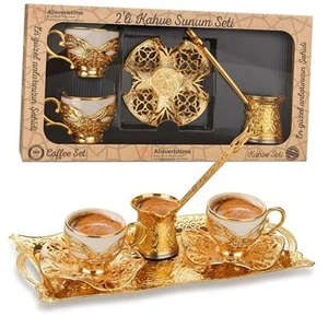  Turkish Coffee Set for Two, 2 White Gilded Porcelain Cups with Zamac Gold - Picture 1 of 8