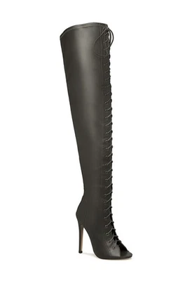 Rosa by SHOEDAZZLE, Olive faux leather lace-up Dominatrix thigh high boots, SZ 8 - Image 1 of 4